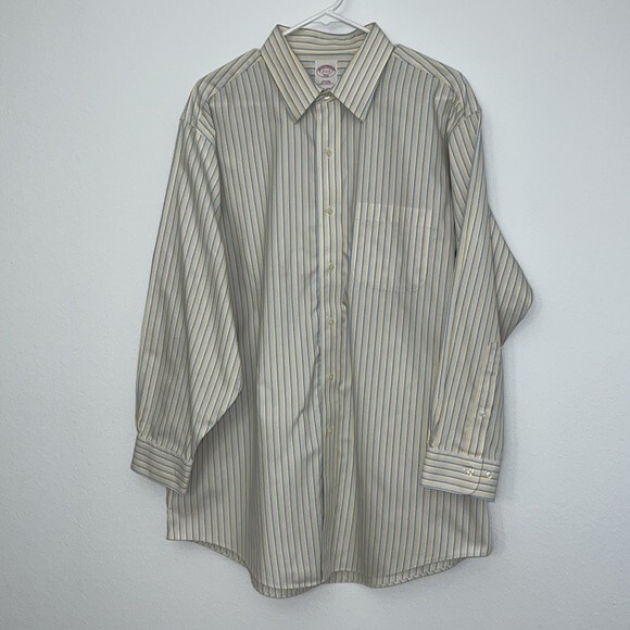 Brooks Brothers Men’s 17- 2/3 346 Non Iron Dress Shirt yellow blue striped - Picture 8 of 12